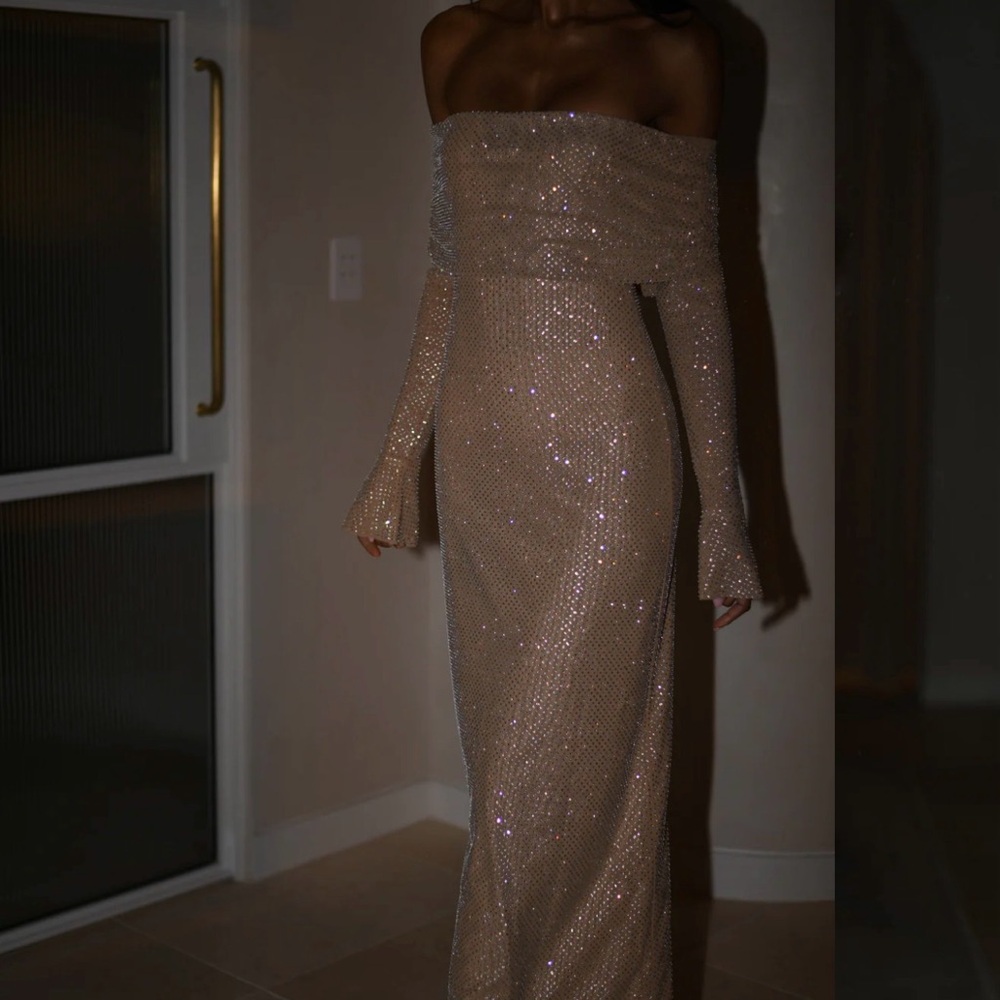 Meshki - Marcel Off Shoulder Diamante Maxi Dress - Nude